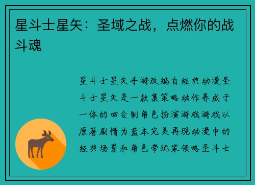 星斗士星矢：圣域之战，点燃你的战斗魂